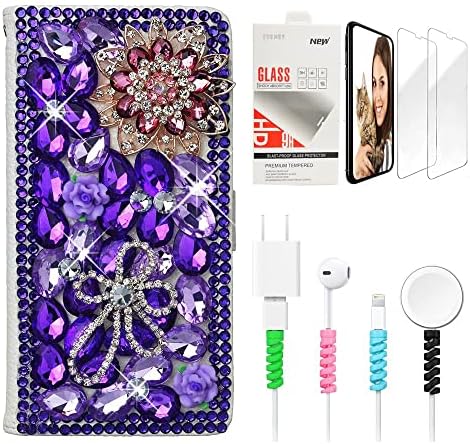 STENES Bling Wallet futrola za telefon kompatibilna sa futrolom Samsung Galaxy S21 Plus-Stylish - 3D ručno rađena luksuzna cvijeća dizajn kožna navlaka sa zaštitom ekrana & amp; zaštita kabla - Deep Purple