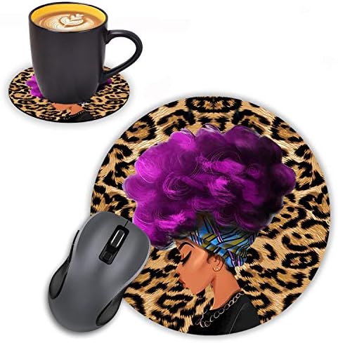 Log Zog okrugli jastučić s podmetačima, Leopard Print Afričkim ženama sa ljubičastom kosom modna frizurna