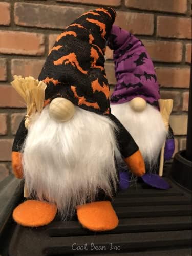 Halloween Gnome 2 Pack | Slatka ručno rađena narančasta i ljubičasta figura sa drvenom metlom za porodični