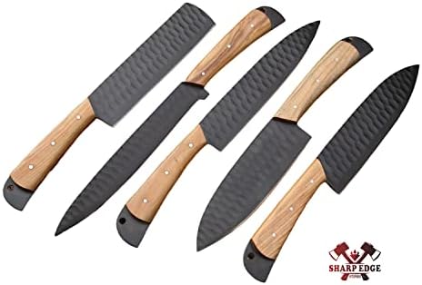 Set Od 5 Ručno Rađenih Visokougljičnih Čelika Crne Boje Obloženih Kompletnim Kuhinjskim Noževima