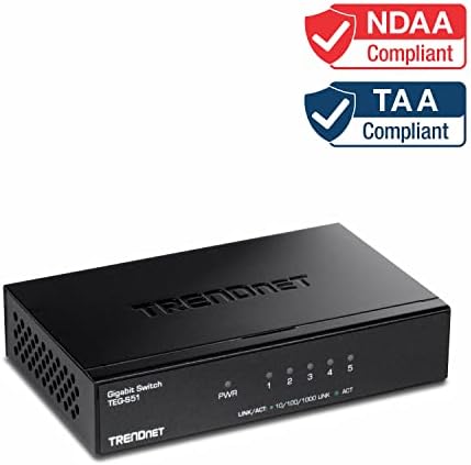 TrendNet 5-port Gigabit Desktop prekidač, TEG-S51, 5 x Gigabit RJ-45 portovi, 10Gbps Kapacitet preklopčenja, dizajn bez ventilatora, metalna kućišta, crna, crna