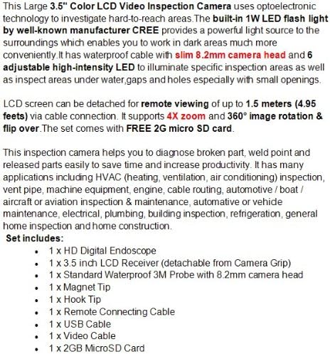Gowe 3.5 Odvojivi LCD inspekcijski fotoaparat BORESCOPE Endoskop Snakescope 8,2 mm promjer + 3M kabl + 2GB microSD kartica