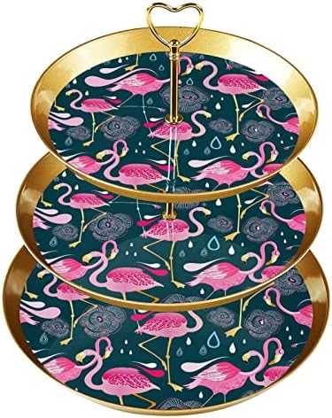 DRAGONBTU 3 TOER CUPCAKE postolje sa zlatnim štapom Plastična desertna toranjska ladica FLAMINGO Animalni voćni bomboni zaslon za rođendan božićne čajne zabave