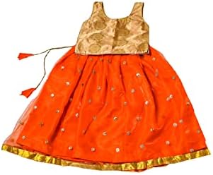 Tradicija Indija Gold Brocade & Orange Net Net bez rukava Lehenga Choli, dizajner Pattu Pavadai, dječja etnička