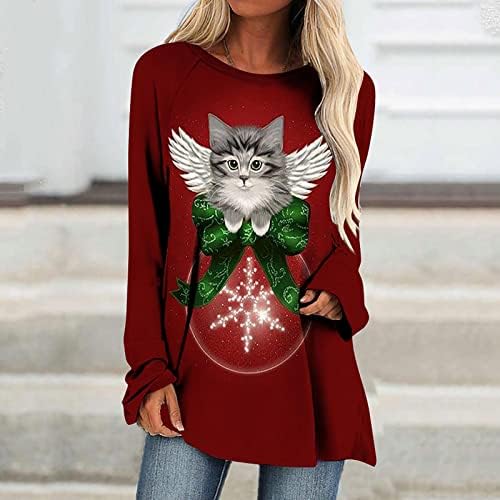 Božić Tops tunika bluza za žene slatka mačka štampani Dugi rukav posada vrat labave T-Shirt