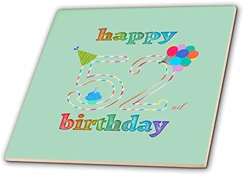 3drose sretan 52. rođendan, Cupcake sa svijećom, baloni, šešir, šareni-pločice