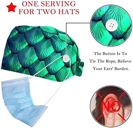 2 pakovanja zelena sirena radna kapa s gumbima za žene / muškarce Duks podesivi kravate bouffant kape