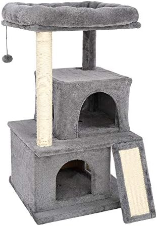 Sulive 34 inča Cat Tree toranj za mačke na više nivoa sa 2 stana, stubovima za grebanje i rampom, mekanim plišanim kućicama za mačke u zatvorenom prostoru, napravljene od ploča