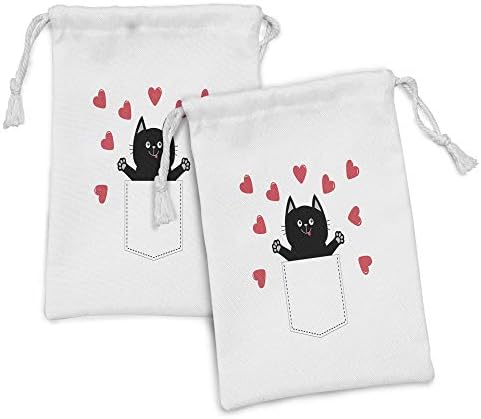 AMBESONNE Kitty tkanina TOUCH set od 2, zaljubljeni na tematsku grafiku smiješnog mačića u džepnom tisku, malu torbu za vuču za toaletne potrepštine i favorize, 9 x 6, sive koraljne i bijele boje