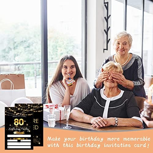 80. rođendanski pozivnici sa kovertama - Crno zlato Glitter Fill-in pozivnice - iznenađenje Kartica