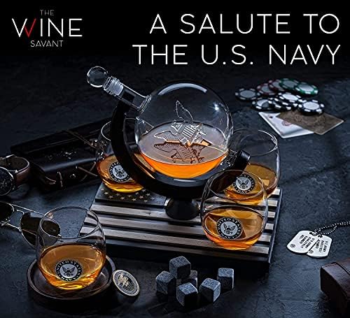 Globe Whisky Decanter Set sa 4 pića čaše-Navy Whisky Decanter & Staklo Set sa drvenom bazom i 9 Whisky kamenje-Dan očeva-Navy pokloni za muškarce-Burbon i Scotch vojni pokloni za tatu