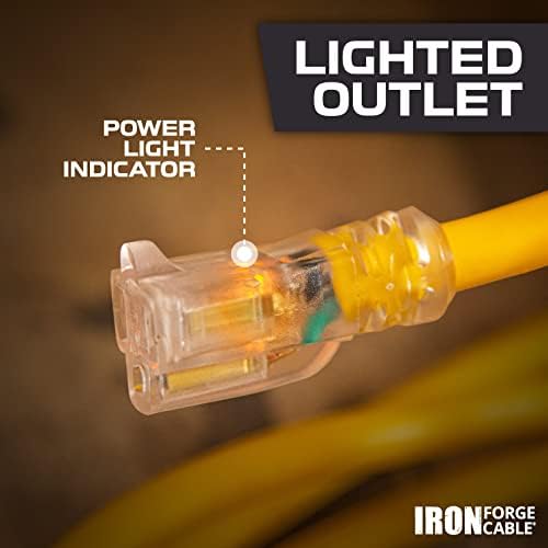Iron Forge Cable 100 Foot Lighted Outdoor Extension Cord-10/3 SJTW Yellow 10 Gauge Produžni kabl sa 3 krak uzemljenim utikačem za sigurnost, 15 AMP-odlično za baštu i glavne uređaje