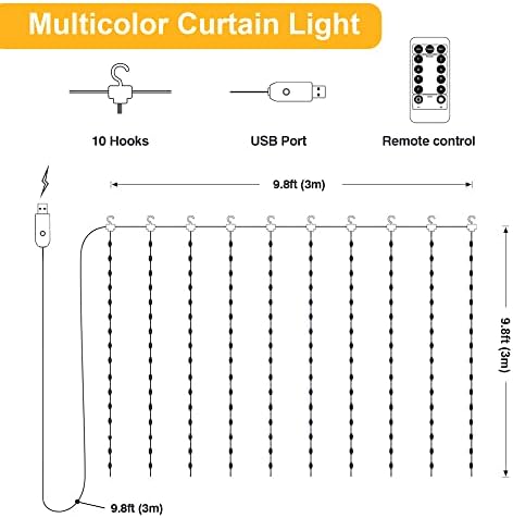 Fuurin Curtain Fairy Light, 300 LED daljinsko upravljanje 8 rasvjeta Moder USB Napajano vodootporno svjetlo za