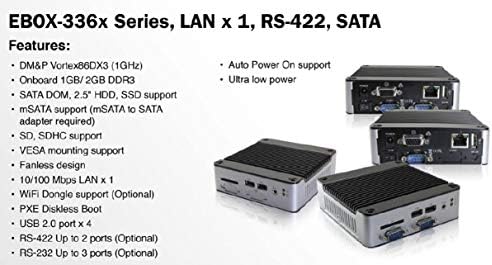 EB-3360-852SIM podržava VGA izlaz, 4G LTE, RS-485 Port x 2 i automatsko uključivanje. Dizajniran je bez