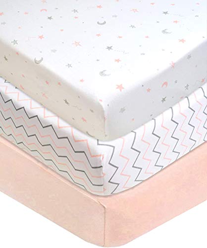 Američka kompanija za bebe 3 komada pamuk dres pleteni čaršav za standardne dušeke za krevetić i malu djecu, Blush Pink Star/Zigzag, za djevojčice